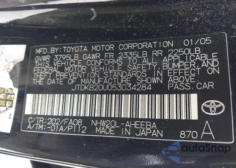 2005 Toyota Prius z USA, uszkodzony, nr VIN JTDKB20U053034284